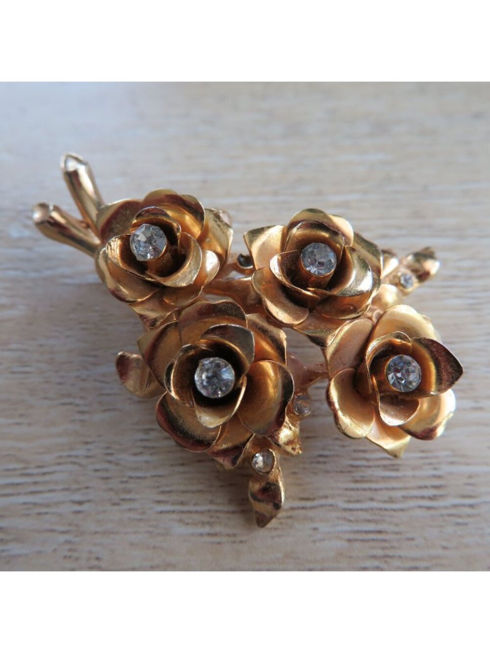 Vintage Gold-Tone Rose Brooch Rhinestone Accents Floral Jewelry Elegant Design